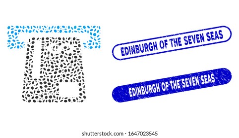 Mosaic bank card terminal and corroded stamp seals with Edinburgh of the Seven Seas phrase. Mosaic vector bank card terminal is designed with scattered oval items.