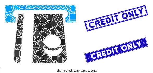 Mosaic bank card terminal icon and rectangular rubber prints. Flat vector bank card terminal mosaic icon of random rotated rectangular items. Blue caption rubber stamps with dirty textures.