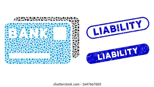 Mosaic bank cards and distressed stamp seals with Liability text. Mosaic vector bank cards is composed with random elliptic pieces. Liability seals use blue color, and have round rectangle shape.
