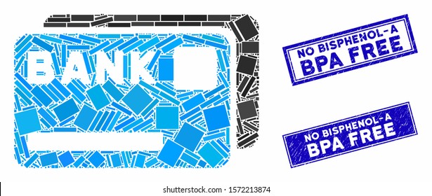 Mosaic bank cards icon and rectangular No Bisphenol-A Bpa Free seal stamps. Flat vector bank cards mosaic icon of randomized rotated rectangle items.