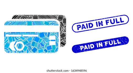 Mosaic bank cards and rubber stamp seals with Paid in Full caption. Mosaic vector bank cards is created with scattered rectangle items. Paid in Full stamp seals use blue color,