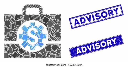 Mosaic bank career options icon and rectangle Advisory seals. Flat vector bank career options mosaic icon of random rotated rectangle items. Blue Advisory seals with rubber textures.