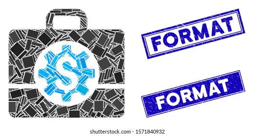 Mosaic bank career options pictogram and rectangular Format seal stamps. Flat vector bank career options mosaic pictogram of random rotated rectangular elements.