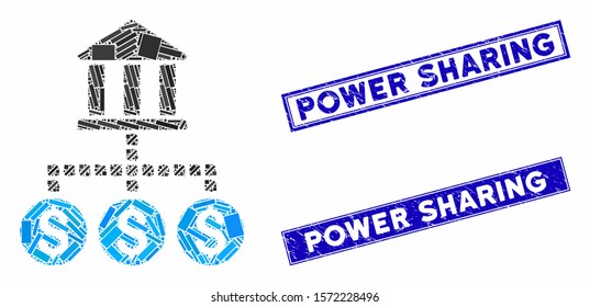 Mosaic bank cashout pictogram and rectangular Power Sharing seal stamps. Flat vector bank cashout mosaic pictogram of scattered rotated rectangular elements.