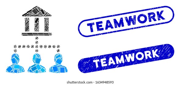 Mosaic bank client links and rubber stamp watermarks with Teamwork caption. Mosaic vector bank client links is formed with scattered rectangle items. Teamwork stamp seals use blue color,