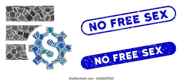 Mosaic bank database options and grunge stamp seals with No Free Sex text. Mosaic vector bank database options is formed with randomized rectangle items. 