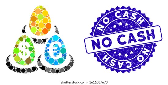 Mosaic bank deposits icon and grunge stamp seal with No Cash phrase. Mosaic vector is designed with bank deposits pictogram and with scattered circle spots. No Cash stamp uses blue color,