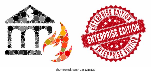 Mosaic bank fire disaster and grunge stamp watermark with Enterprise Edition text. Mosaic vector is designed from bank fire disaster icon and with random circle elements.