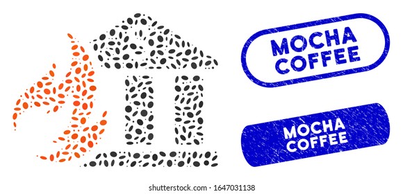 Mosaic bank fire disaster and grunge stamp seals with Mocha Coffee caption. Mosaic vector bank fire disaster is created with random ellipse elements. Mocha Coffee stamp seals use blue color,