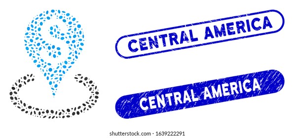 Mosaic bank location and grunge stamp seals with Central America text. Mosaic vector bank location is composed with random ellipse items. Central America stamp seals use blue color,