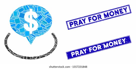 Mosaic bank location pictogram and rectangular seals. Flat vector bank location mosaic pictogram of random rotated rectangular elements. Blue caption seals with rubber surface.