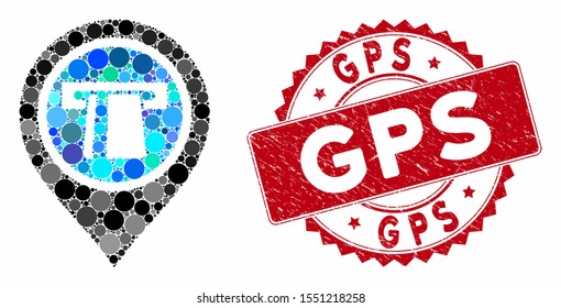 Mosaic bank machine pointer and distressed stamp seal with GPS phrase. Mosaic vector is composed from bank machine pointer icon and with scattered spheric elements. GPS stamp seal uses red color,