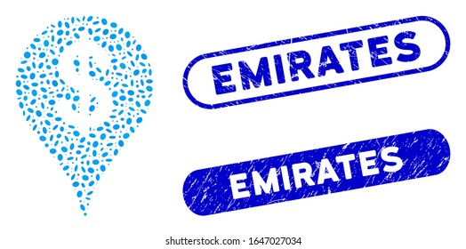 Mosaic bank map marker and grunge stamp seals with Emirates caption. Mosaic vector bank map marker is designed with scattered ellipse items. Emirates stamp seals use blue color,