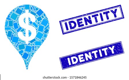 Mosaic bank map marker icon and rectangle Identity stamps. Flat vector bank map marker mosaic icon of randomized rotated rectangle elements. Blue Identity stamp imprints with scratched texture.