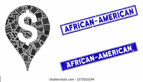 Mosaic bank map marker icon and rectangular African-American stamps. Flat vector bank map marker mosaic icon of scattered rotated rectangular items.