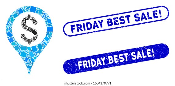 Mosaic bank map pointer and rubber stamp seals with Friday Best Sale! caption. Mosaic vector bank map pointer is designed with scattered rectangles. Friday Best Sale! stamp seals use blue color,