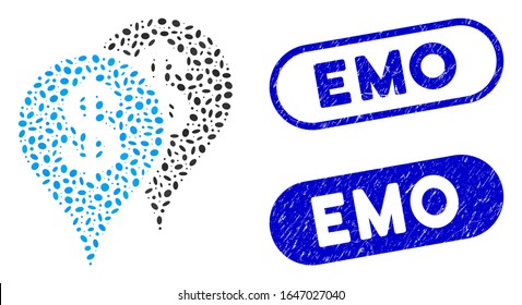 Mosaic bank map pointers and corroded stamp seals with Emo phrase. Mosaic vector bank map pointers is created with randomized oval parts. Emo stamp seals use blue color,