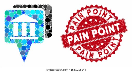 Mosaic bank map pointers and rubber stamp seal with Pain Point caption. Mosaic vector is formed with bank map pointers icon and with scattered spheric elements. Pain Point stamp seal uses red color,