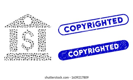 Mosaic bank office and rubber stamp seals with Copyrighted phrase. Mosaic vector bank office is designed with random ellipse items. Copyrighted stamp seals use blue color,