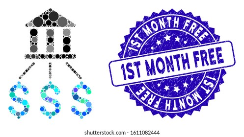 Mosaic bank payments icon and distressed stamp watermark with 1St Month Free caption. Mosaic vector is created with bank payments icon and with randomized spheric items.