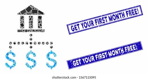 Mosaic bank payments pictogram and rectangular seals. Flat vector bank payments mosaic icon of scattered rotated rectangular elements. Blue caption rubber seals with grunge textures.