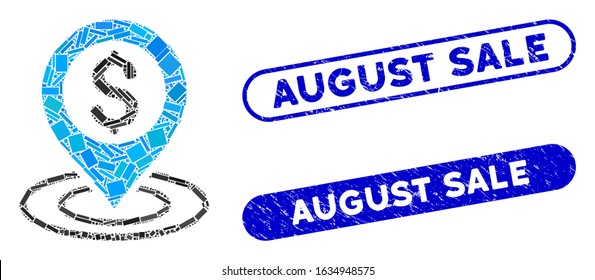 Mosaic bank place and distressed stamp seals with August Sale caption. Mosaic vector bank place is created with randomized rectangle items. August Sale seals use blue color,