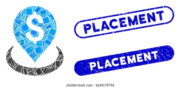 Mosaic bank placement and distressed stamp seals with Placement text. Mosaic vector bank placement is formed with scattered rectangle items. Placement seals use blue color,