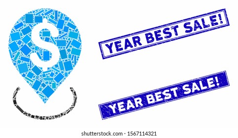Mosaic bank placement icon and rectangular seal stamps. Flat vector bank placement mosaic icon of randomized rotated rectangular items. Blue caption stamps with grunge textures.