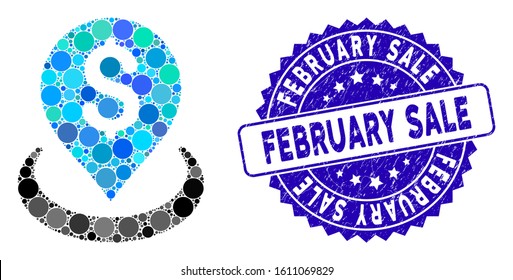 Mosaic bank placement icon and rubber stamp watermark with February Sale text. Mosaic vector is designed with bank placement icon and with randomized circle items. February Sale stamp uses blue color,