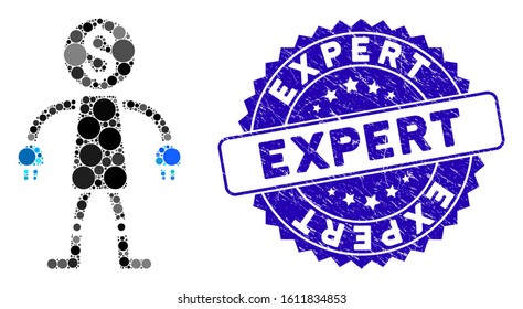 Mosaic bank robot icon and corroded stamp watermark with Expert phrase. Mosaic vector is composed with bank robot icon and with scattered round elements. Expert stamp uses blue color,