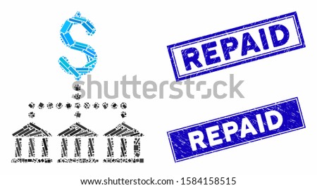 Mosaic bank scheme icon and rectangle Repaid rubber prints. Flat vector bank scheme mosaic icon of random rotated rectangle elements. Blue Repaid seals with rubber textures.