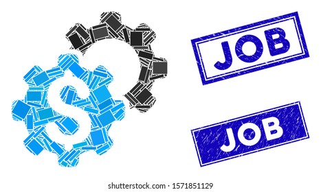 Mosaic bank settings icon and rectangle Job stamps. Flat vector bank settings mosaic icon of random rotated rectangle elements. Blue Job stamps with dirty textures.