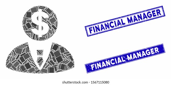 Mosaic banker icon and rectangular seal stamps. Flat vector banker mosaic icon of randomized rotated rectangular items. Blue caption seal stamps with scratched textures.