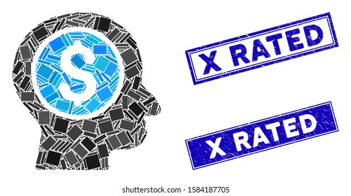Mosaic banker icon and rectangular X Rated rubber prints. Flat vector banker mosaic pictogram of scattered rotated rectangular items. Blue X Rated seal stamps with rubber textures.