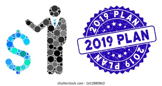 Mosaic banker icon and rubber stamp seal with 2019 Plan phrase. Mosaic vector is formed from banker icon and with scattered spheric items. 2019 Plan stamp uses blue color, and rubber texture.