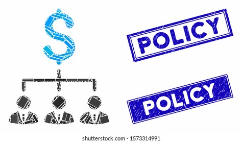 Mosaic banker links pictogram and rectangle Policy watermarks. Flat vector banker links mosaic pictogram of randomized rotated rectangle items. Blue Policy rubber stamps with rubber surface.