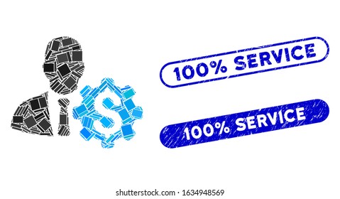 Mosaic banker options gear and corroded stamp seals with 100% Service text. Mosaic vector banker options gear is formed with scattered rectangle items. 100% Service stamp seals use blue color,