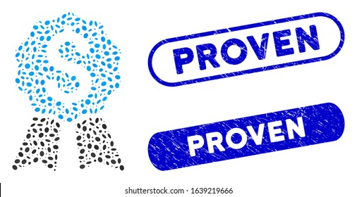 Mosaic banking award and distressed stamp seals with Proven text. Mosaic vector banking award is formed with random oval elements. Proven seals use blue color, and have round rectangle shape.