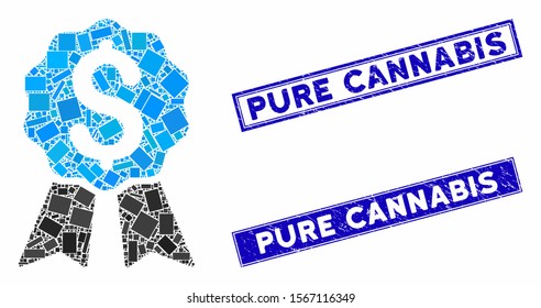 Mosaic banking award icon and rectangular stamps. Flat vector banking award mosaic icon of randomized rotated rectangular elements. Blue caption stamps with corroded texture.