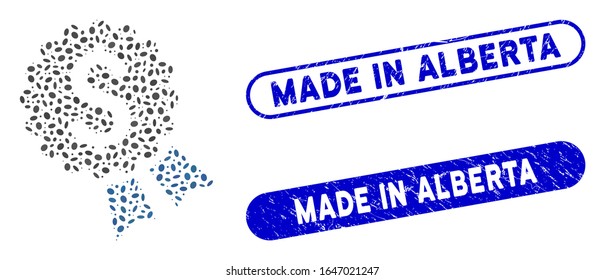 Mosaic banking award seal and rubber stamp seals with Made in Alberta phrase. Mosaic vector banking award seal is designed with scattered ellipse parts. Made in Alberta stamp seals use blue color,