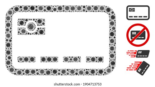 Mosaic banking card composed of flu virus icons in random sizes and color hues. Vector pathogen icons are united into abstract mosaic banking card icon. Some bonus icons are added.