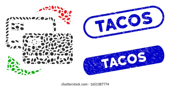 Mosaic banking card exchange and grunge stamp seals with Tacos caption. Mosaic vector banking card exchange is formed with scattered ellipse elements. Tacos stamp seals use blue color,