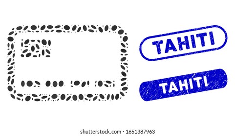 Mosaic banking card and grunge stamp watermarks with Tahiti text. Mosaic vector banking card is designed with randomized oval elements. Tahiti stamp seals use blue color,