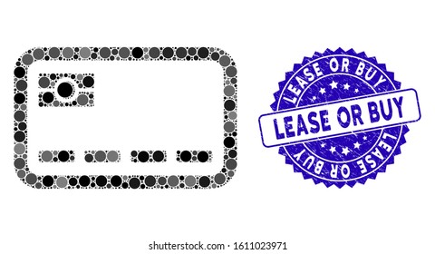 Mosaic banking card icon and corroded stamp watermark with Lease or Buy caption. Mosaic vector is designed from banking card icon and with random circle items. Lease or Buy stamp seal uses blue color,