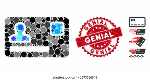 Mosaic banking card icon and distressed stamp seal with Genial text. Mosaic vector is designed with banking card icon and with scattered round items. Genial stamp seal uses red color,