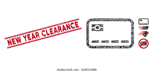 Mosaic banking card icon and red New Year Clearance seal between double parallel lines. Flat vector banking card mosaic icon of randomized rotated rectangular elements.