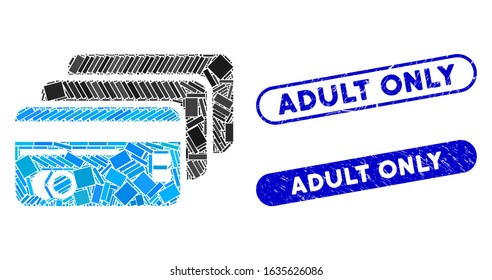 Mosaic banking cards and rubber stamp seals with Adult Only phrase. Mosaic vector banking cards is designed with scattered rectangle items. Adult Only seals use blue color,
