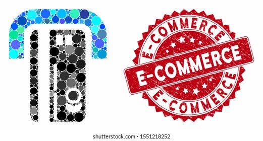 Mosaic banking machine and rubber stamp seal with E-Commerce caption. Mosaic vector is designed with banking machine icon and with scattered circle spots. E-Commerce stamp uses red color,