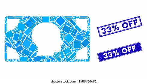 Mosaic banknote icon and rectangle seal stamps. Flat vector banknote mosaic icon of randomized rotated rectangular items. Blue caption stamps with distress textures.