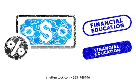 Mosaic banknote percent and grunge stamp seals with Financial Education text. Mosaic vector banknote percent is composed with random rectangles. Financial Education stamp seals use blue color,